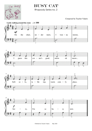 Busy Cat - Rhapsody Series no. 2 (D position - EASY PIANO) with note names, finger numbers and lyric