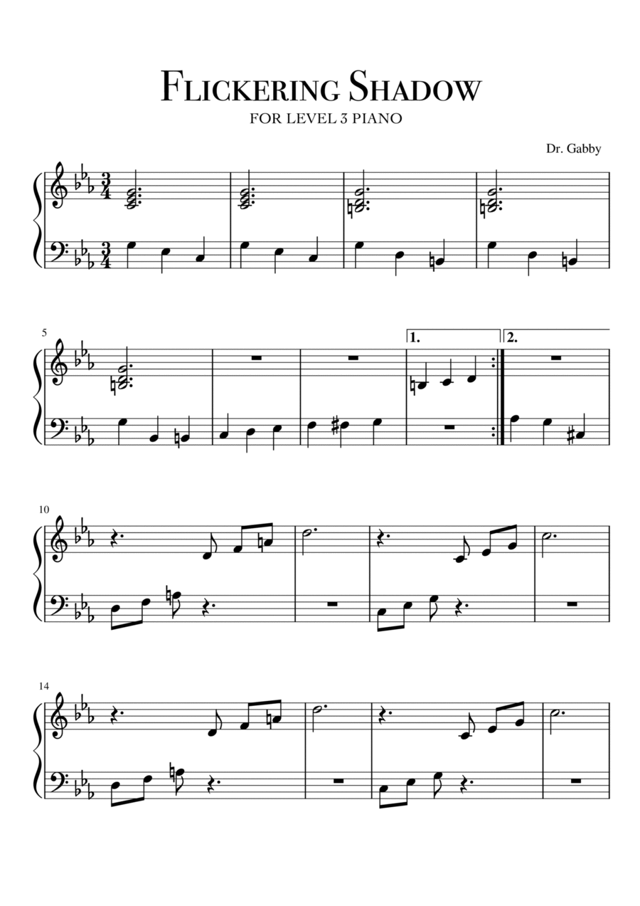 Flickering Shadow: Original Level 3 Piano Solo by Dr. Gabby Piano Solo scores gallery preview page 1
