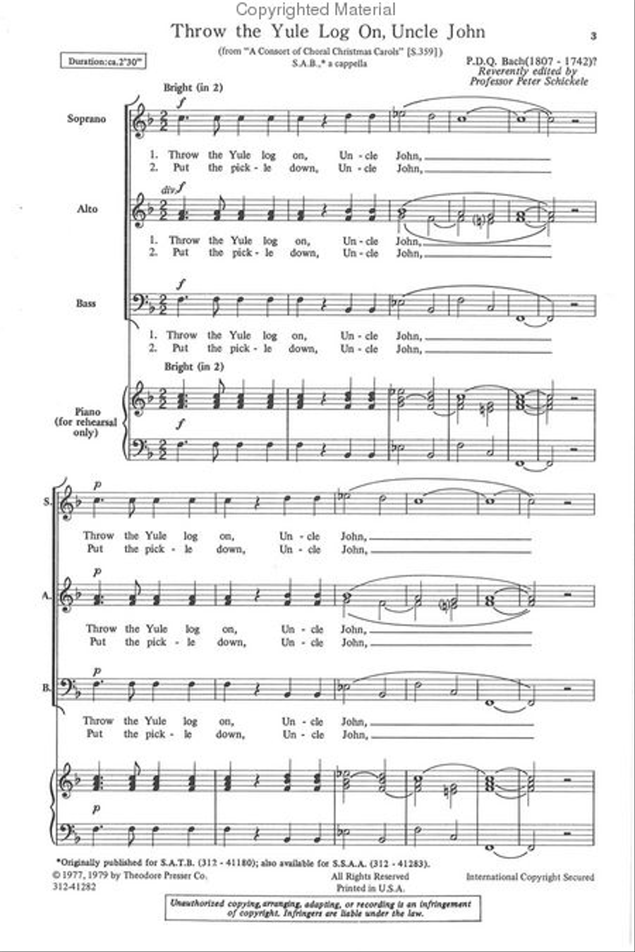 Throw the Yule Log On, Uncle John 3-Part scores gallery preview page 2