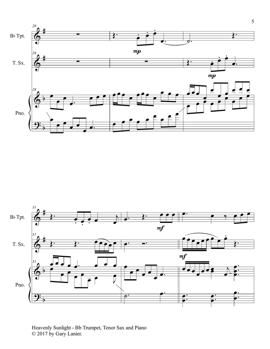 HEAVENLY SUNLIGHT (Trio - Bb Trumpet, Tenor Sax & Piano with Score/Parts) Tenor Saxophone scores gallery preview page 6