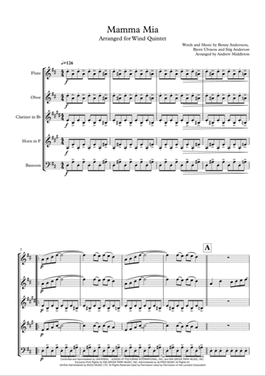 Mamma Mia Mamma Mia Woodwind Quintet scores gallery preview page 3