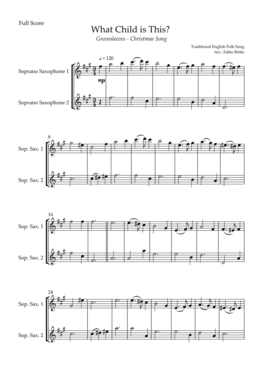 What Child is This? - Greensleeves (Christmas Song) for Soprano Saxophone Duo Woodwind Duet scores gallery preview page 1