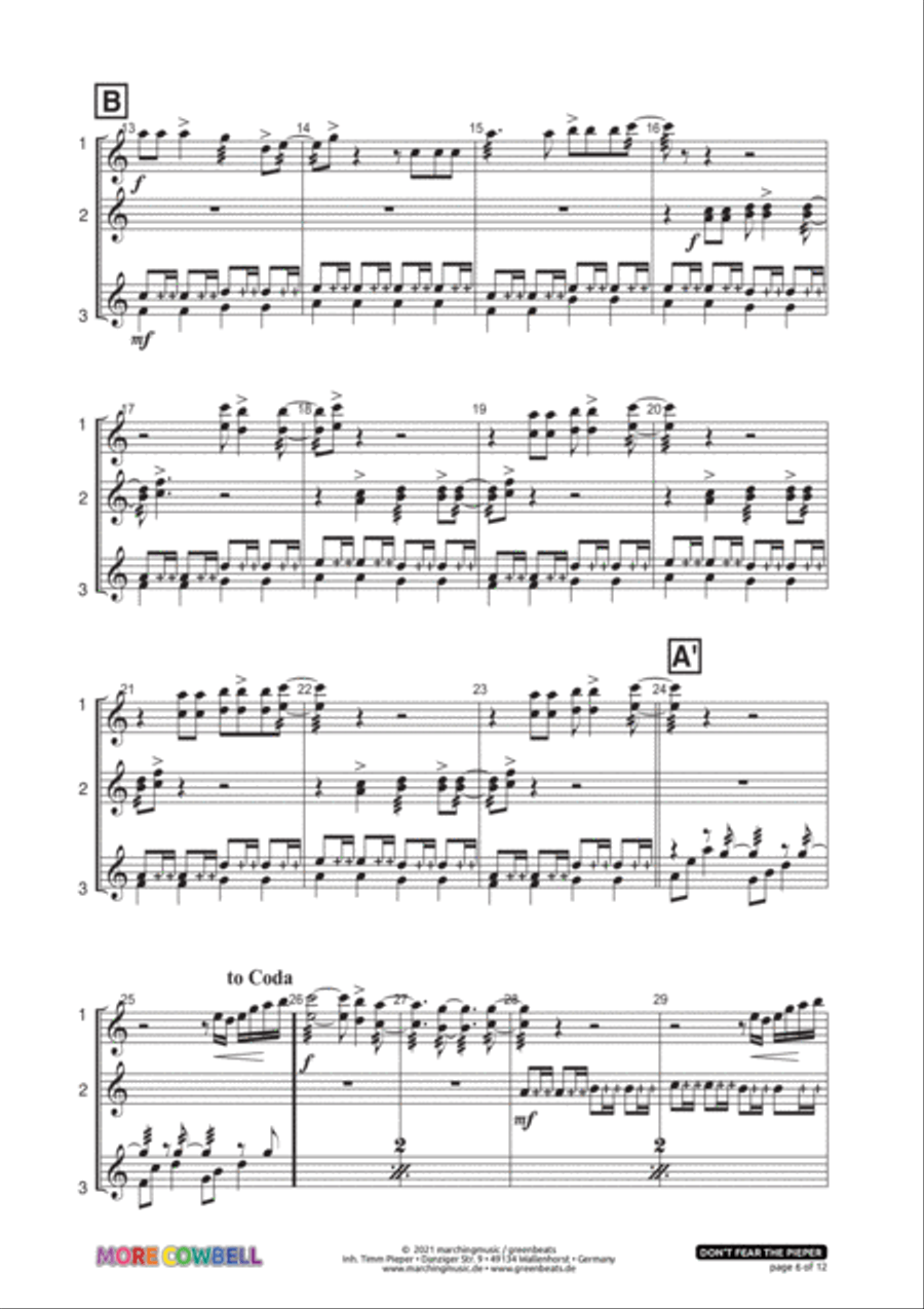 DON´T FEAR THE PIEPER / MORE COWBELL (Don´t Fear The Reaper) School and Community scores gallery preview page 6