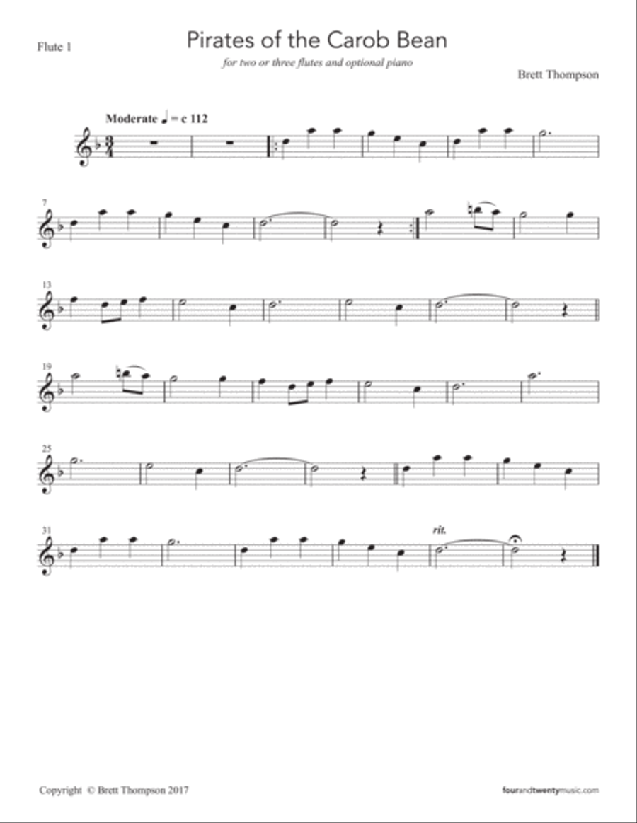Pirates of the Carob Bean, for two or three flutes and optional piano Small Ensemble scores gallery preview page 6