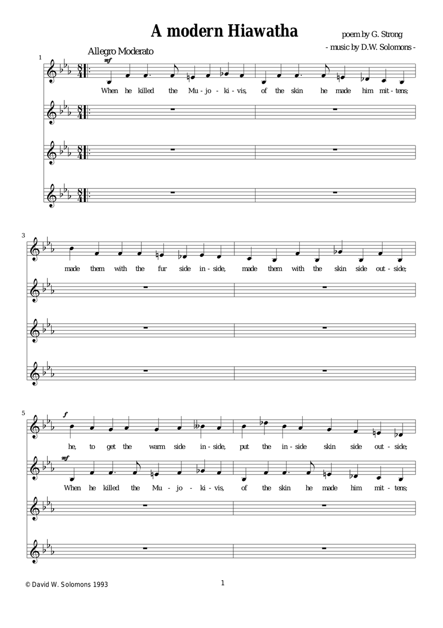 A Modern Hiawatha (Hiawatha and his mittens) for four equal voices 4-Part scores gallery preview page 1
