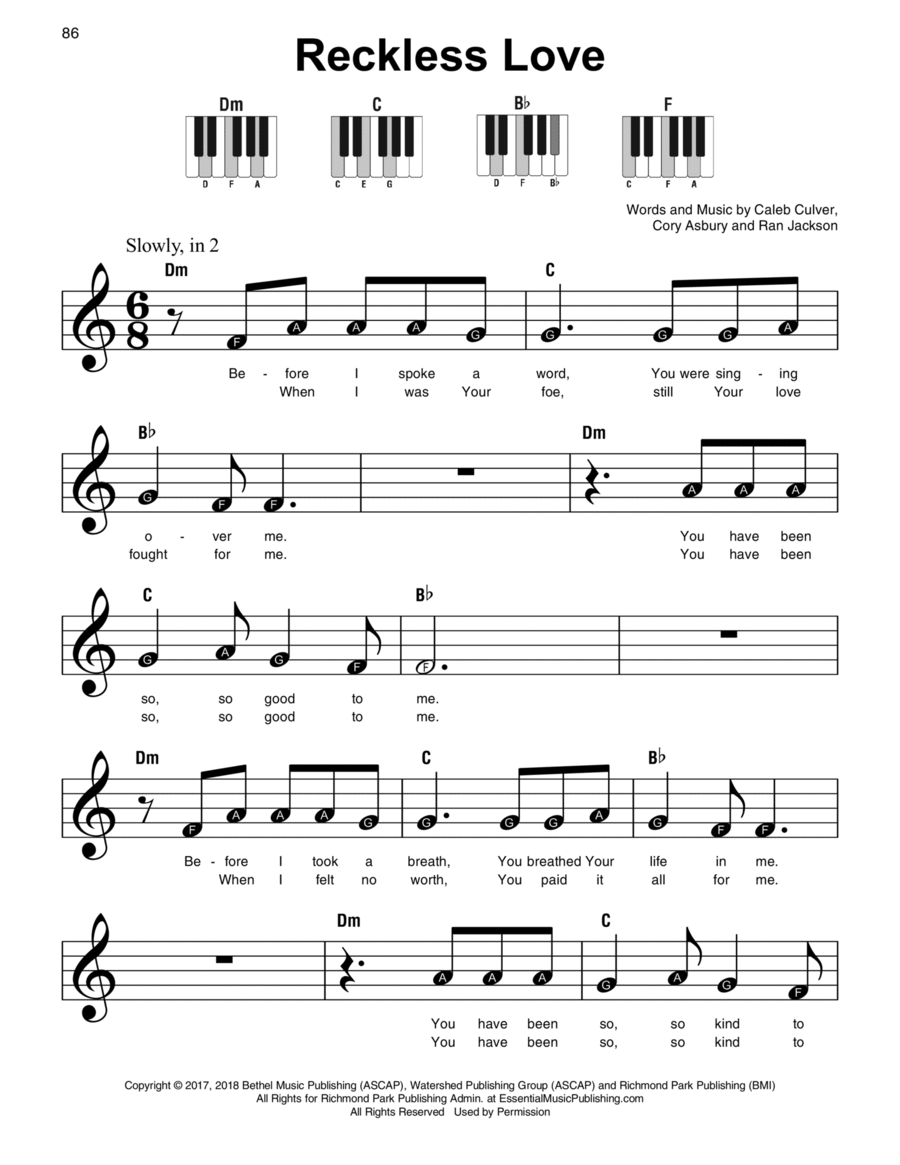 Reckless Love Easy Piano scores gallery preview page 1