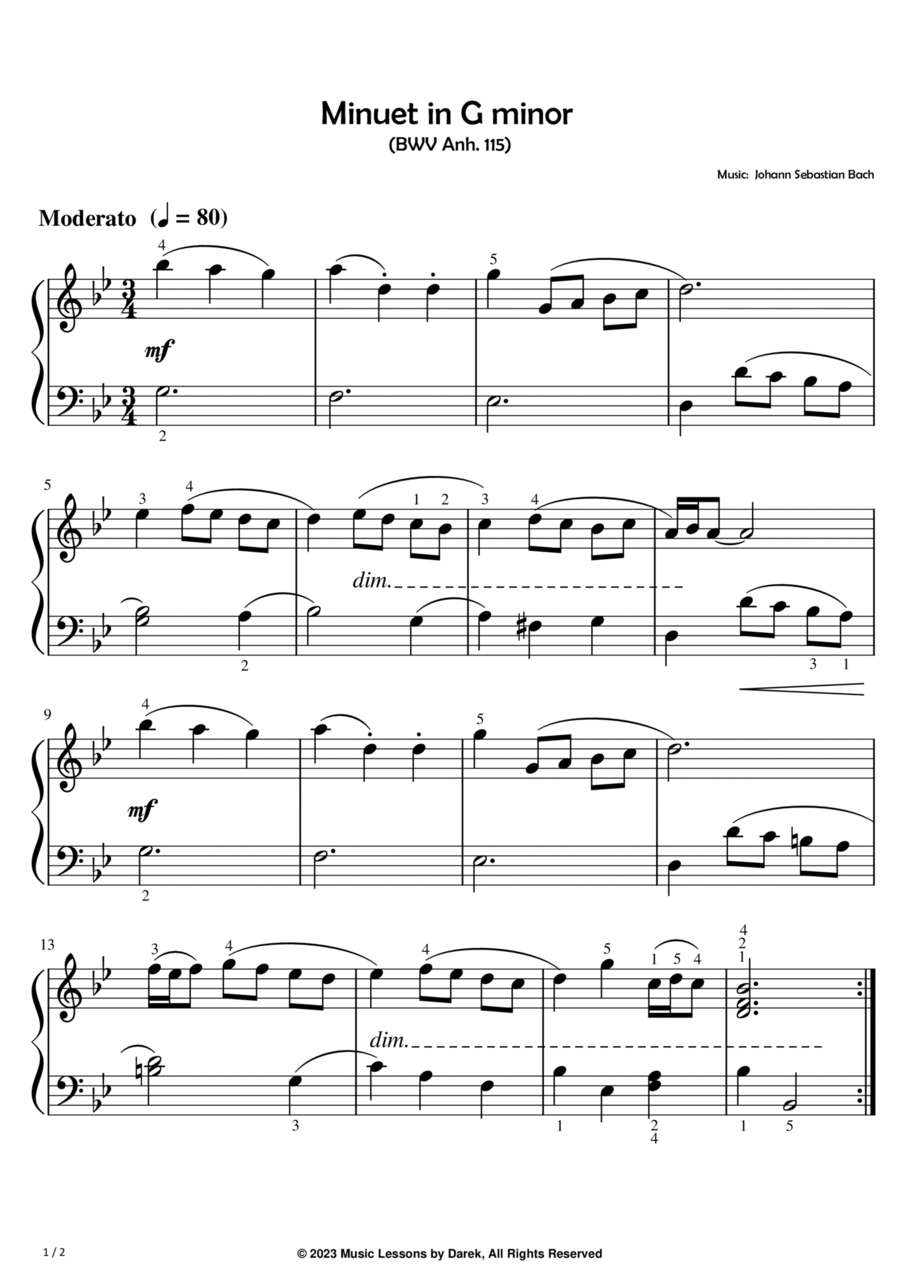 Minuet in G minor (EASY PIANO) (BWV Anh. 115) [Johann Sebastian Bach] Easy Piano scores gallery preview page 1