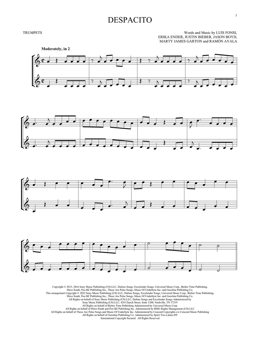 Despacito (feat. Justin Bieber) Trumpet Duet scores gallery preview page 1