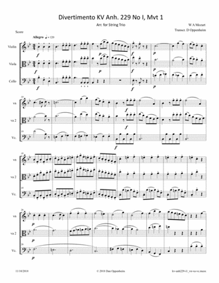 Book cover for Mozart WA: Divertimento KV Anh. 229 No I, Mvt 1 arranged for String Trio