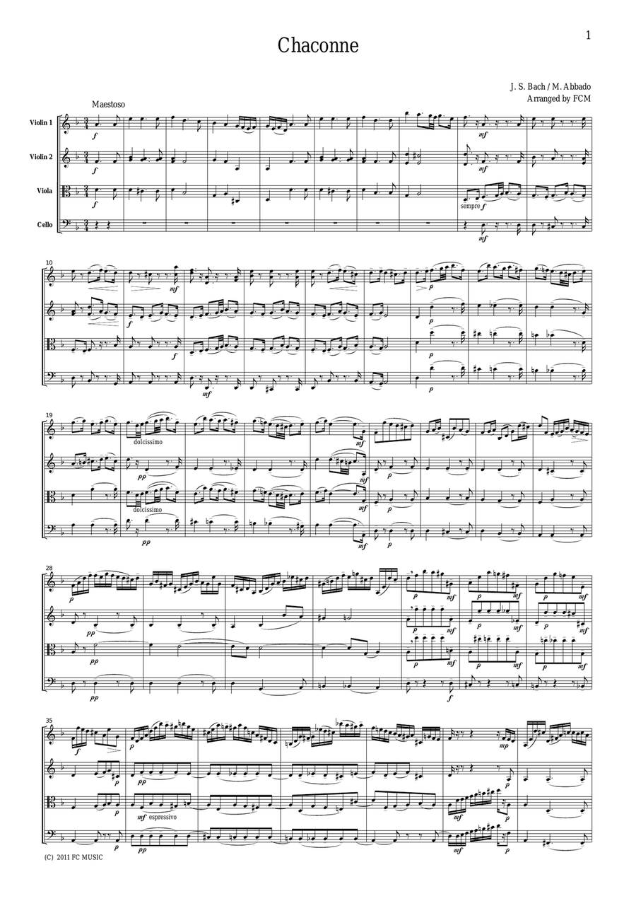 J.S.Bach Chaconne for string quartet, CB222 String Quartet scores gallery preview page 1