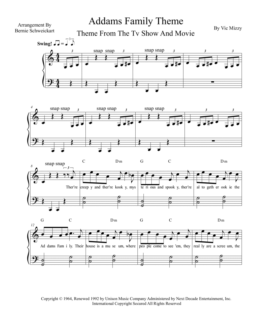 Addams Family Theme Addams Family Theme Piano, Vocal, Guitar scores gallery preview page 1