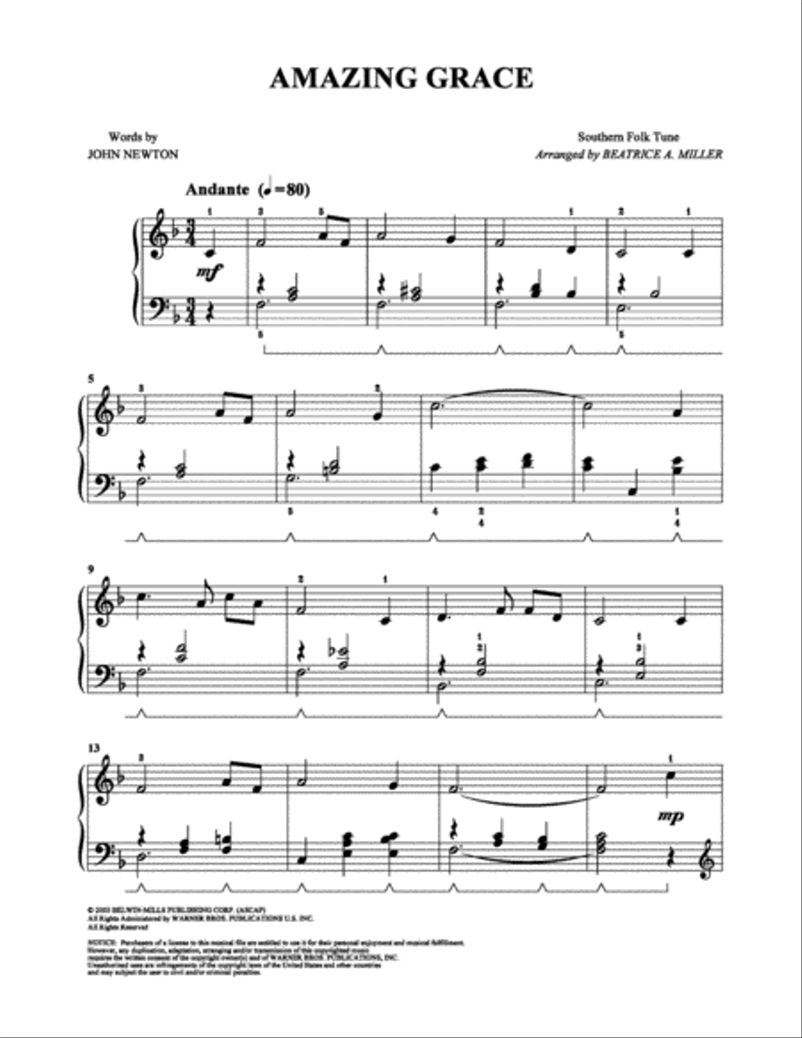 Amazing Grace Easy Piano scores gallery preview page 1
