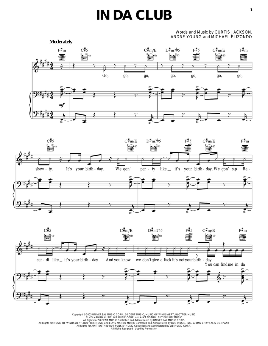 In Da Club In Da Club Piano, Vocal, Guitar scores gallery preview page 1