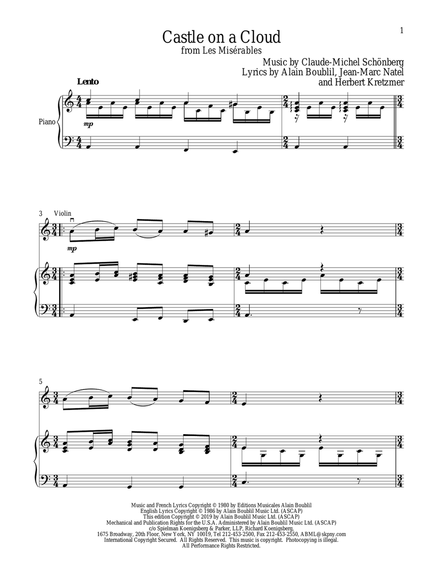 Castle On A Cloud (from Les Miserables) Violin Solo scores gallery preview page 1
