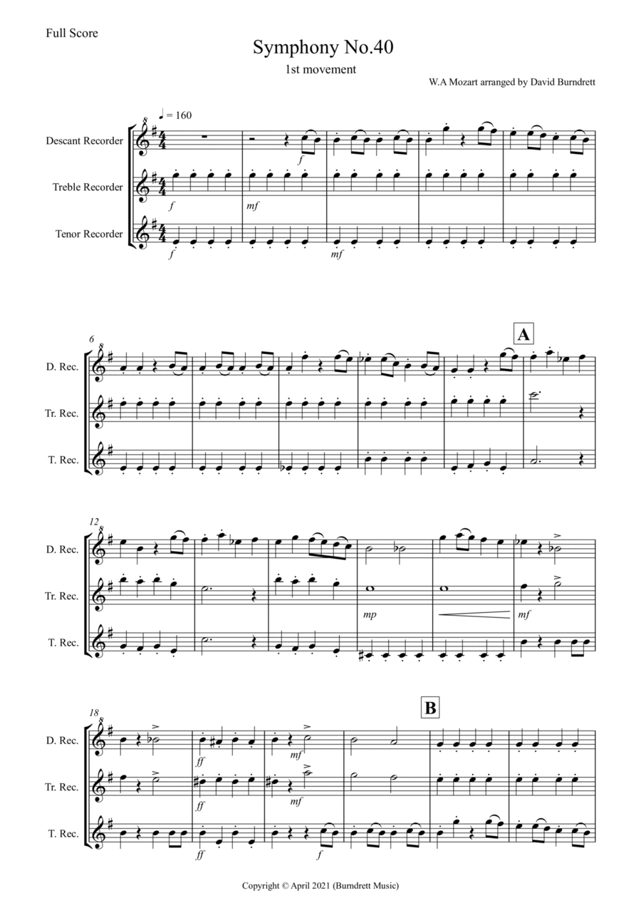 Symphony No.40 (1st movement) for Recorder Trio Small Ensemble scores gallery preview page 1