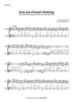 Jesu, Joy of Man’s Desiring for Violin and Viola by Bach BWV 147