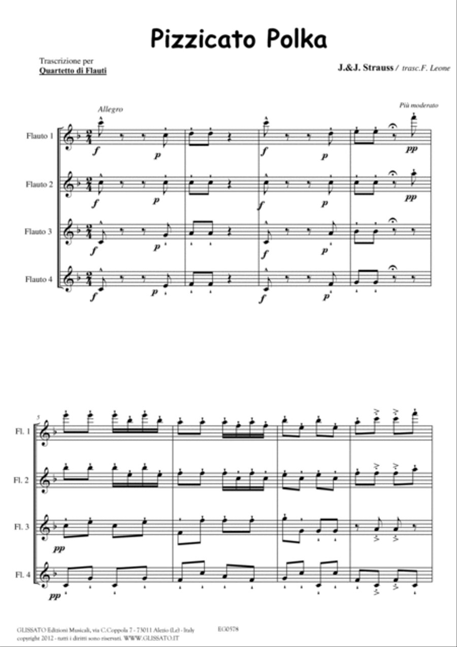 Pizzicato polka - Flute Quartet (score & parts) image number null