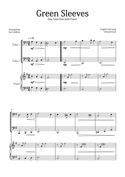 "Green Sleeves" - Beautiful easy version for TUBA DUET and PIANO image number null