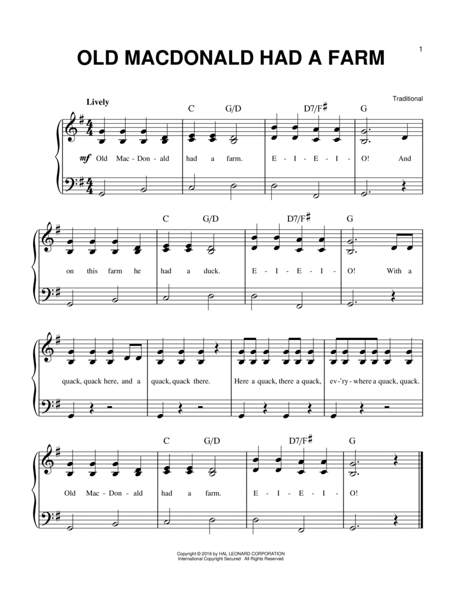Old Macdonald Had A Farm Easy Piano scores gallery preview page 1