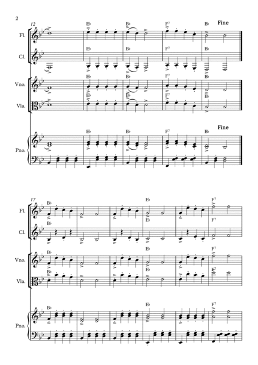 Jingle Bells in Bb (Flute, Clarinet Bb, Violin, Viola + Piano accomp) B-Flat Clarinet scores gallery preview page 2