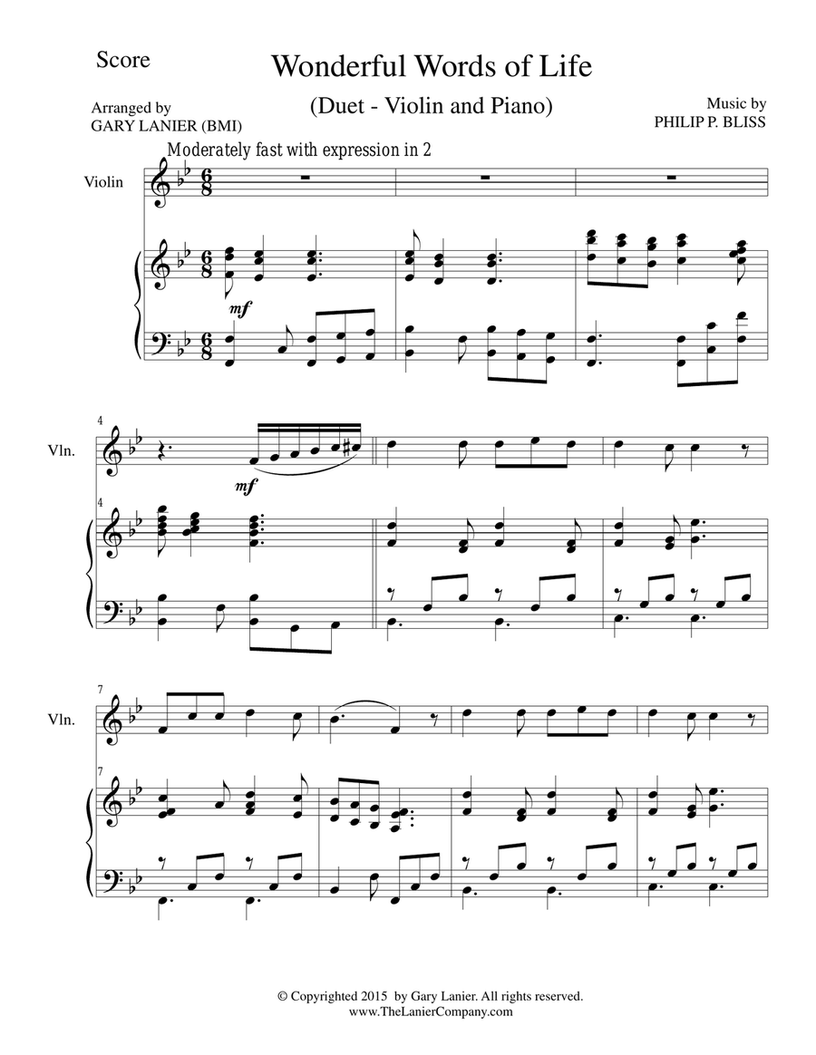 WONDERFUL WORDS OF LIFE (Duet – Violin and Piano/Score and Parts) Violin scores gallery preview page 1