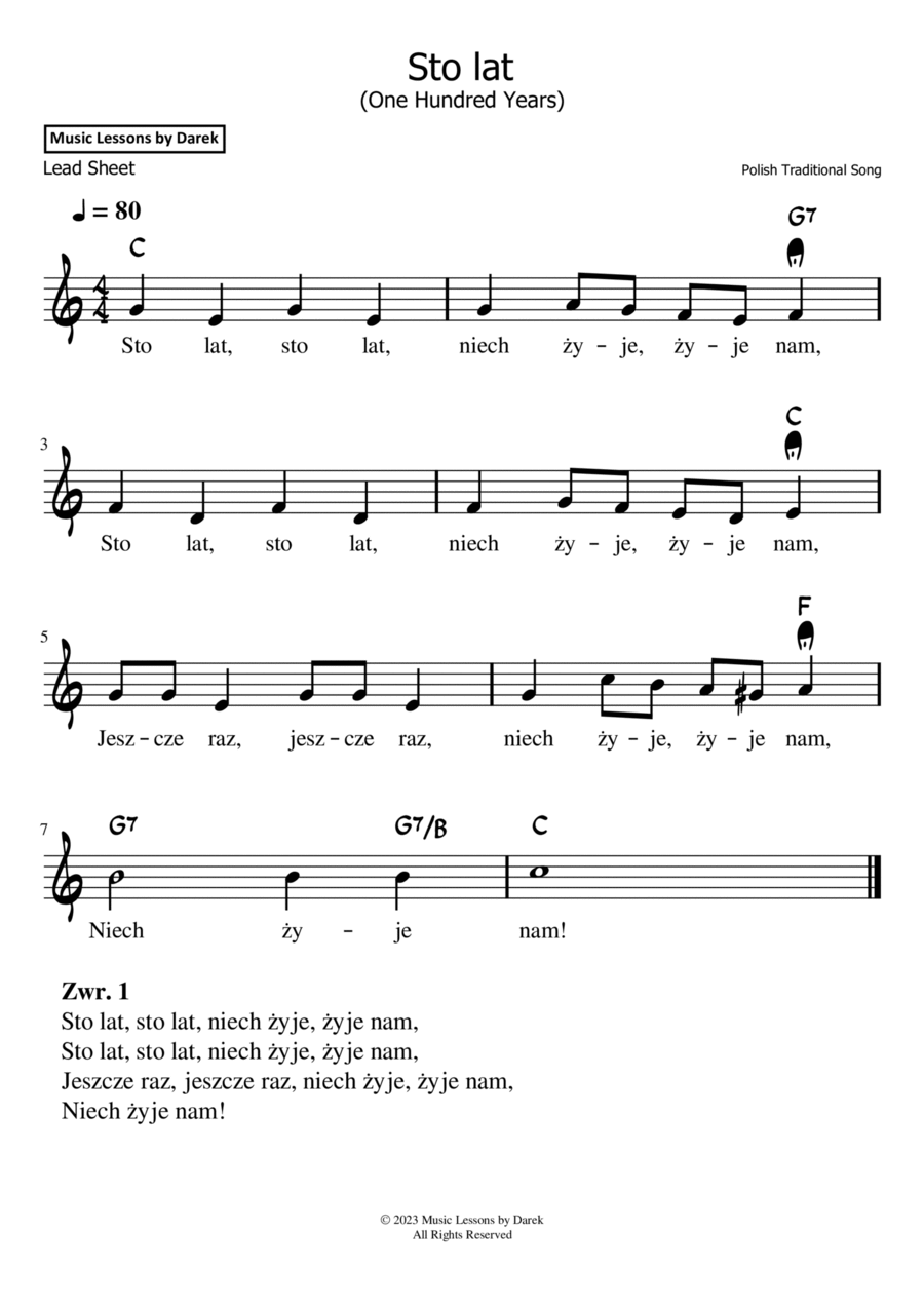 Sto lat (One Hundred Years), Polish Traditional Song [LEAD SHEET] Piano scores gallery preview page 1