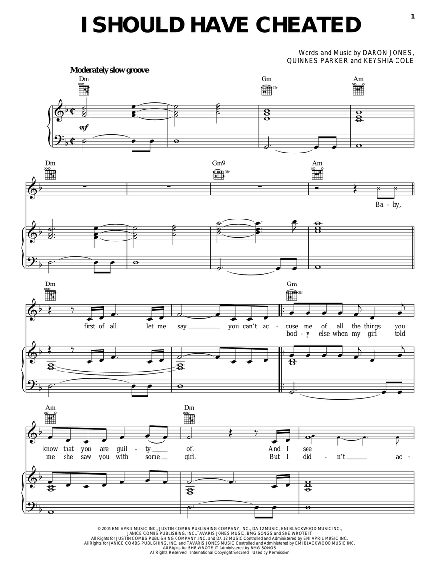 I Should Have Cheated Piano, Vocal, Guitar scores gallery preview page 1