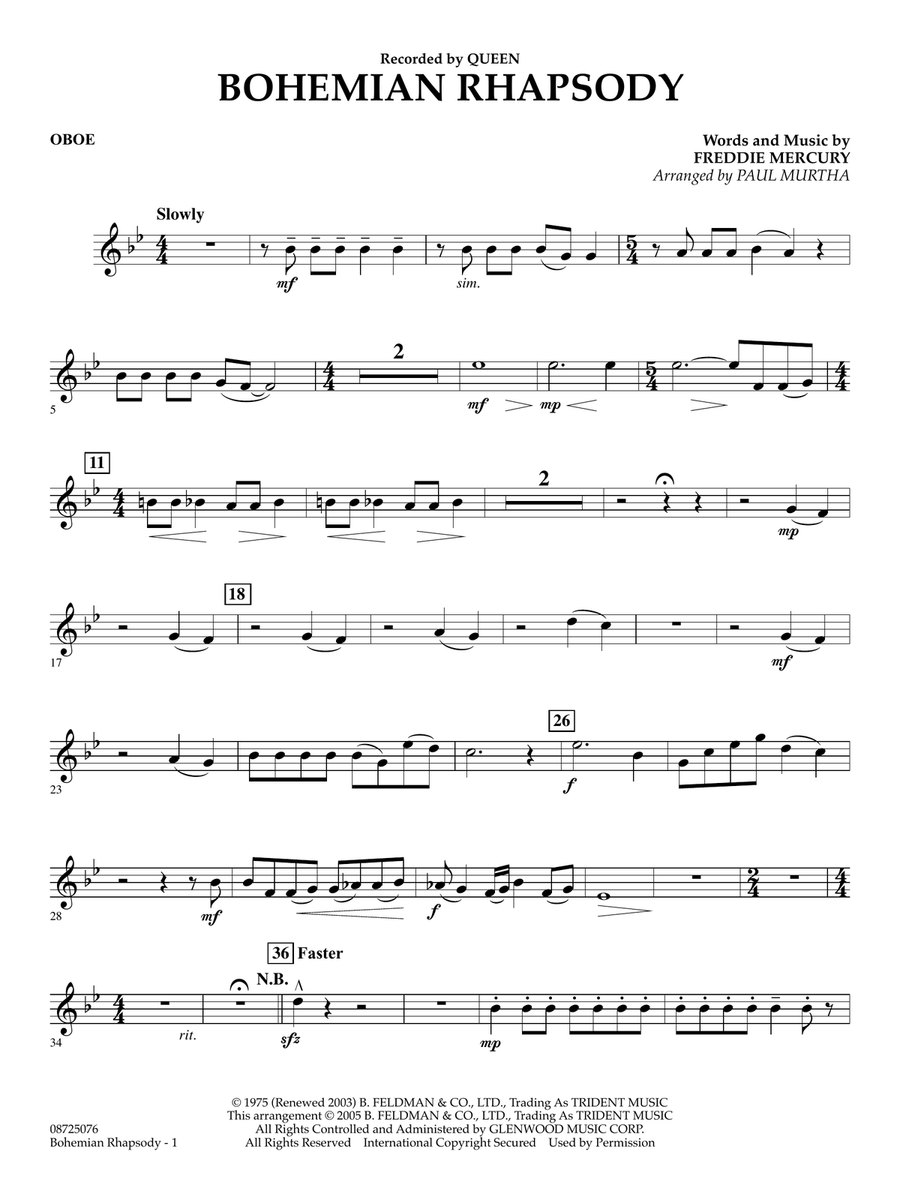 Book cover for Bohemian Rhapsody (arr. Paul Murtha) - Oboe