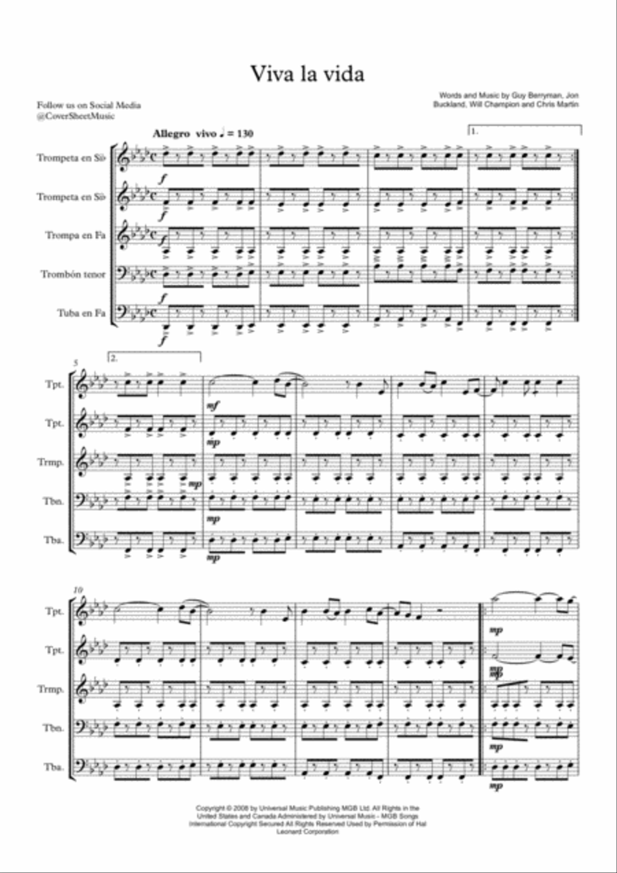 Viva La Vida Viva La Vida Brass Ensemble scores gallery preview page 2