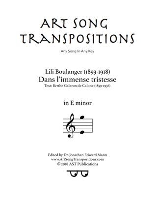 Book cover for BOULANGER: Dans l'immense tristesse (transposed to E minor)