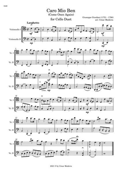 Caro Mio Ben (Come Once Again) - Cello Duet (Full Score and Parts) image number null