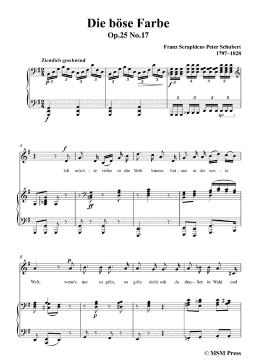 Schubert-Die böse Farbe,from 'Die Schöne Müllerin',Op.25 No.17,in G Major,for Voice&Piano Voice scores gallery preview page 3