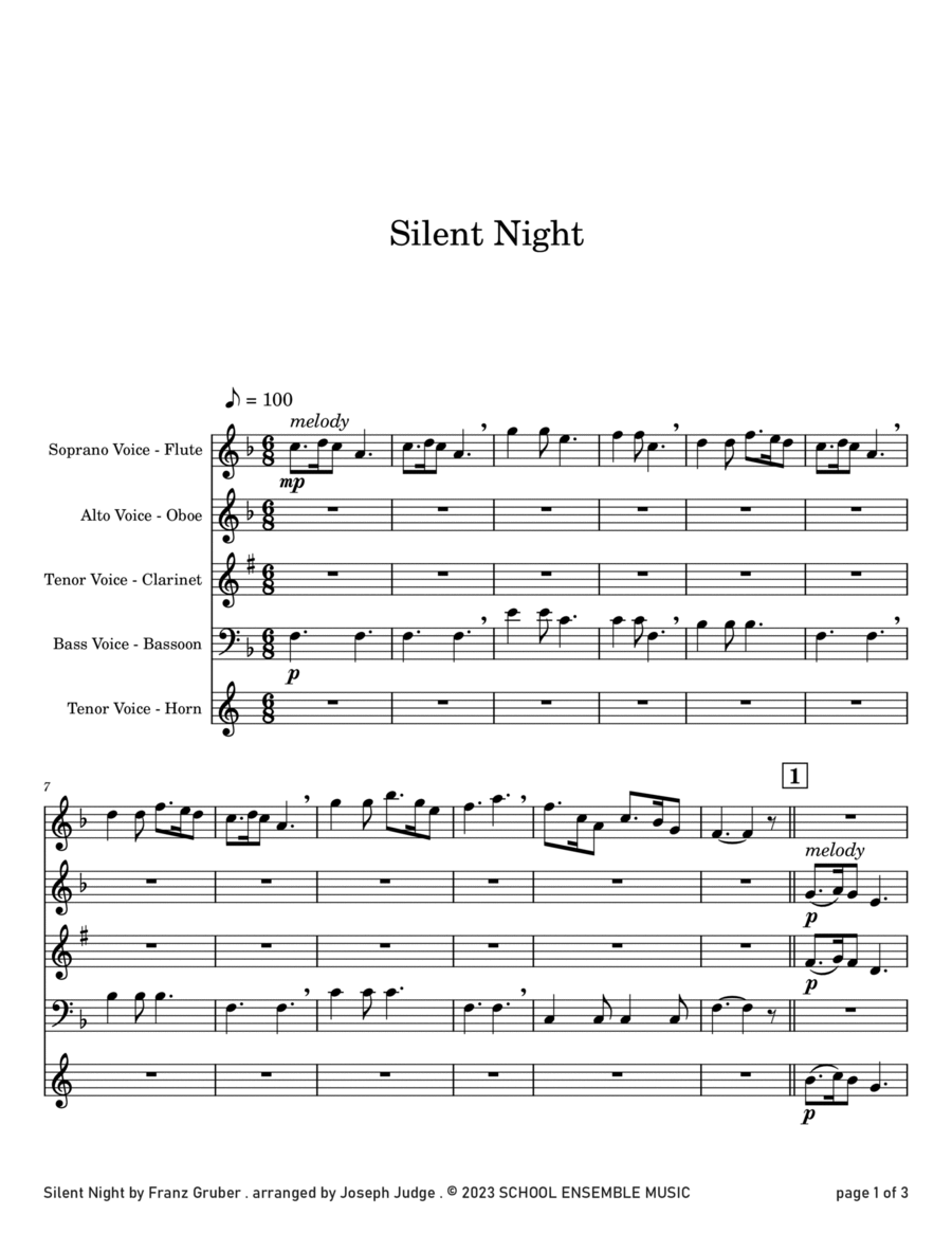 Silent Night for Woodwind Quartet in Schools Woodwind Quartet scores gallery preview page 1