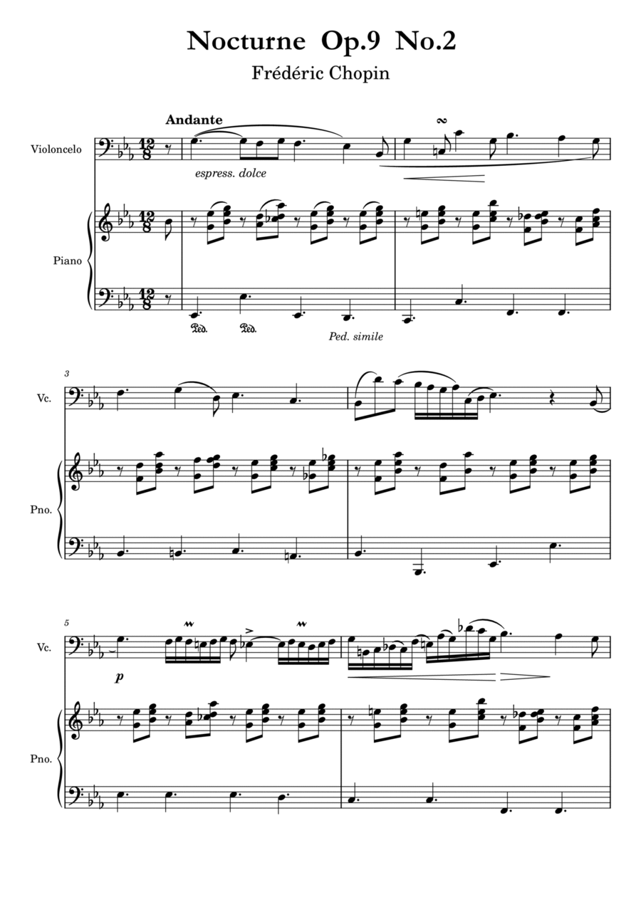 Chopin - Nocturne Op.9 No.2 - Cello and Piano Piano scores gallery preview page 1