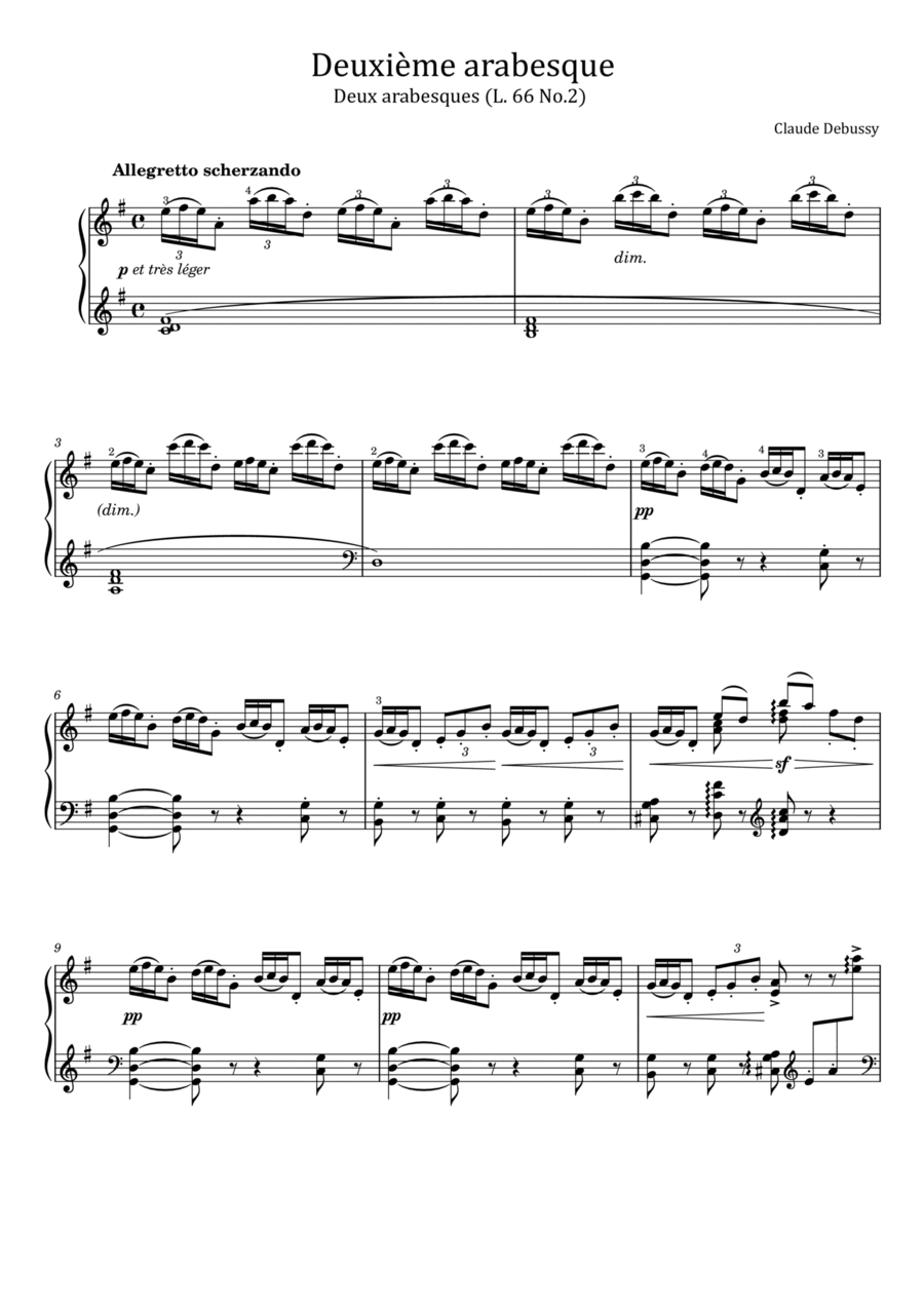 Debussy - Arabesque No. 2 in G major L. 66 Allegretto scherzando - For Piano Solo Original Piano Solo scores gallery preview page 1