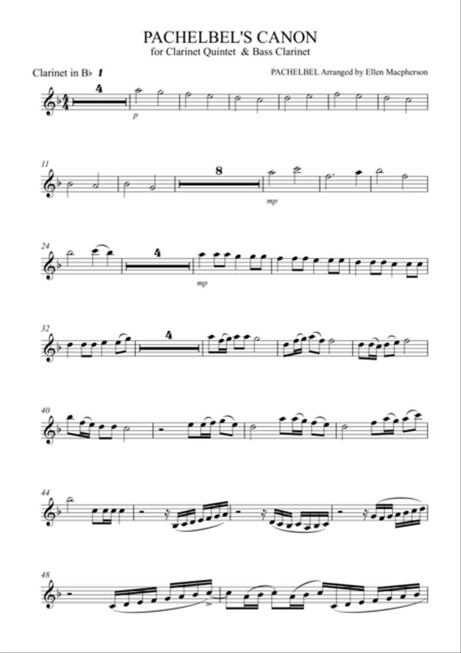 Pachelbel's Cannon - for Clarinet Quintet & Bass Clarinet Clarinet Quintet scores gallery preview page 1