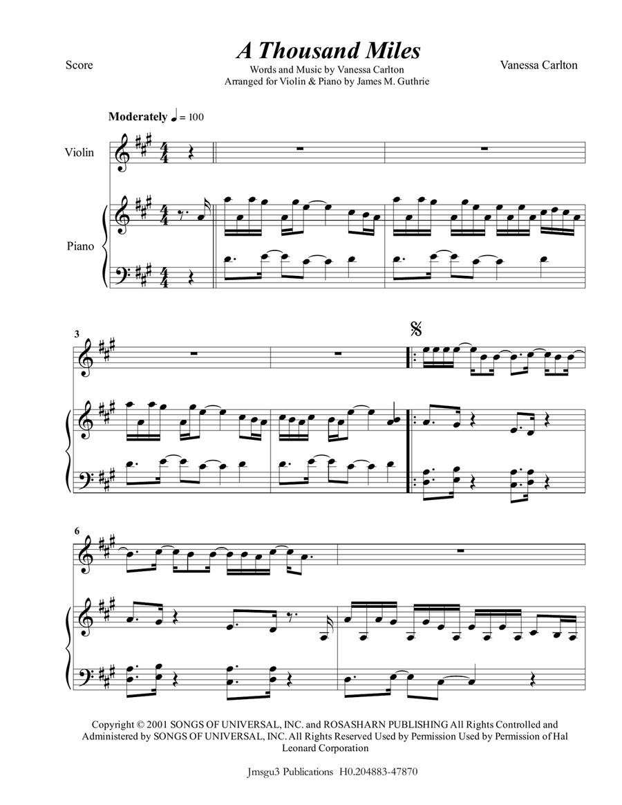 A Thousand Miles Violin Solo scores gallery preview page 1