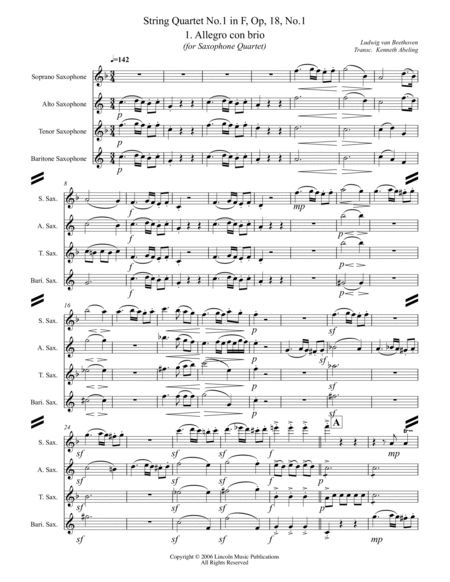 Beethoven – String Quartet No.1 in F Major, I. Allegro (for Saxophone Quartet SATB) image number null