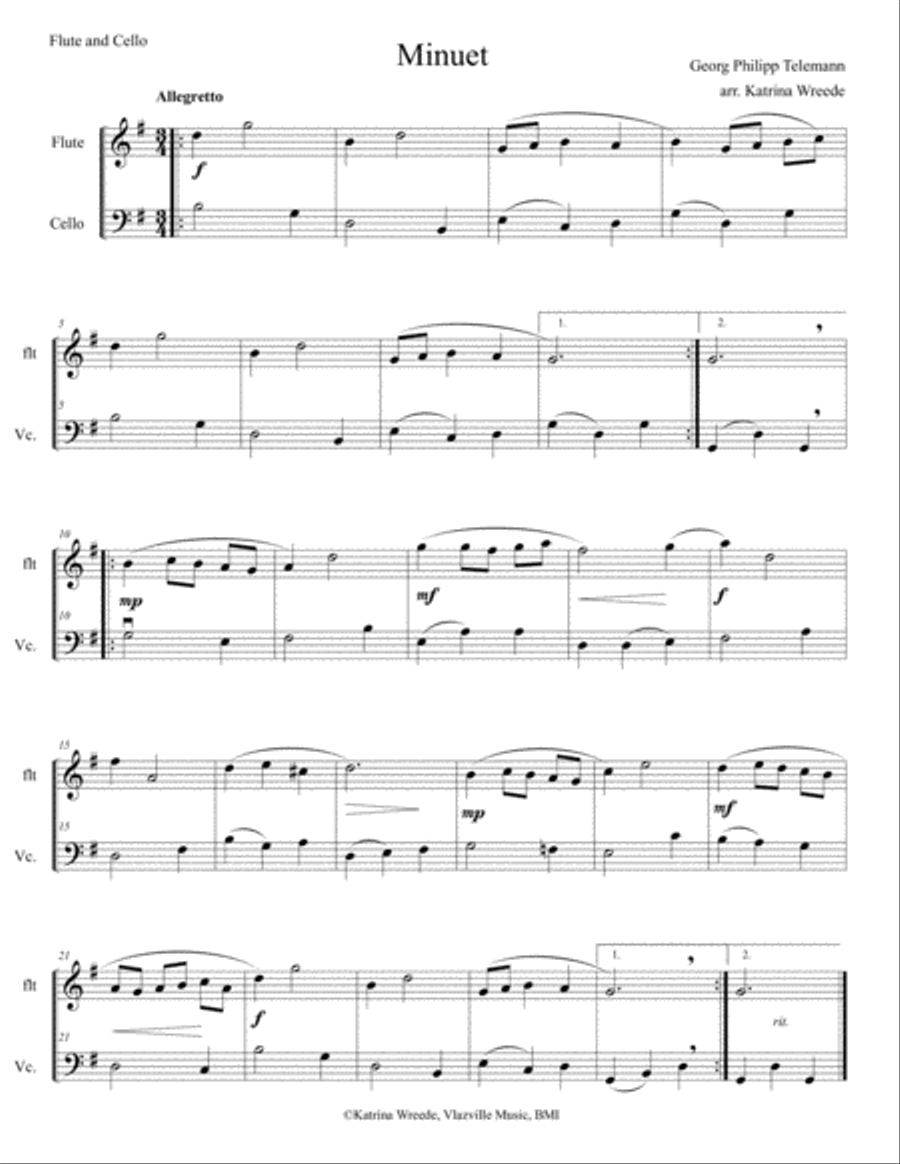 Minuet for Flute and Cello by Telemann Flute scores gallery preview page 1