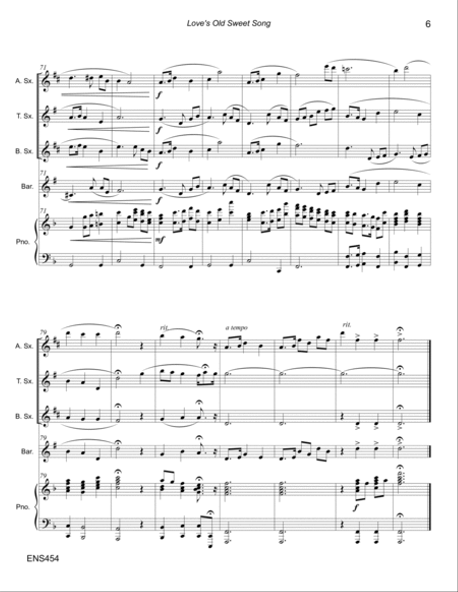 LOVE'S OLD SWEET SONG - Alto, Tenor, Bari Sax and Trombone/Baritone TC with Piano Small Ensemble scores gallery preview page 6