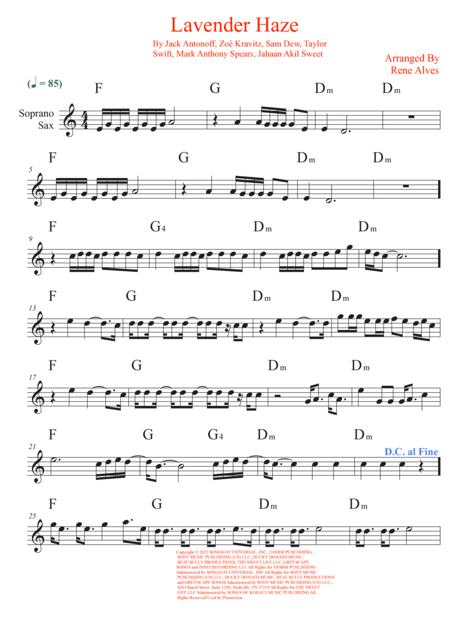 Lavender Haze Soprano Saxophone scores gallery preview page 1