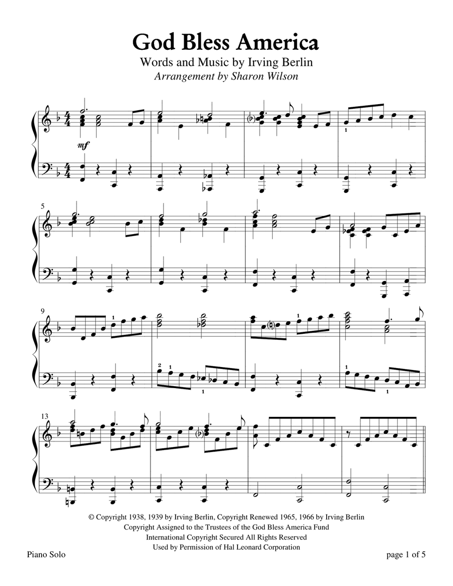 God Bless America Piano Solo scores gallery preview page 1
