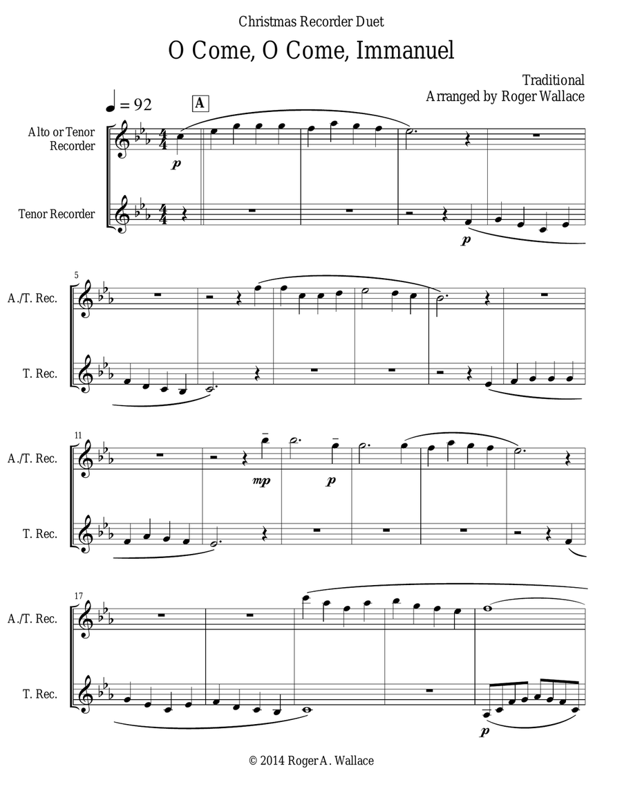 O Come, O Come, Immanuel (Emmanuel) - Recorder Duet (Cm-Fm) Woodwind Duet scores gallery preview page 1