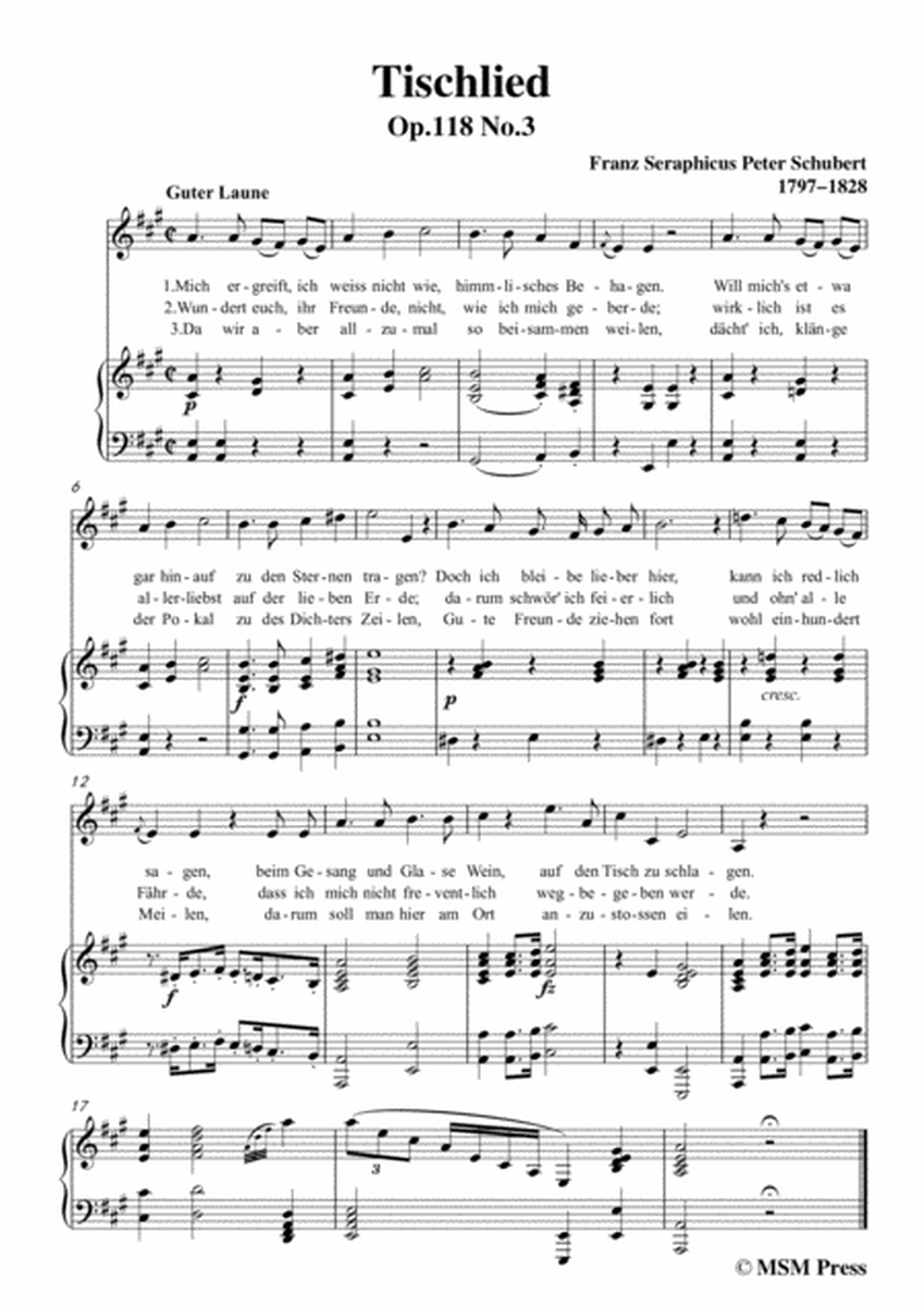 Schubert-Tischlied,Op.118 No.3,in A Major,for Voice&Piano image number null