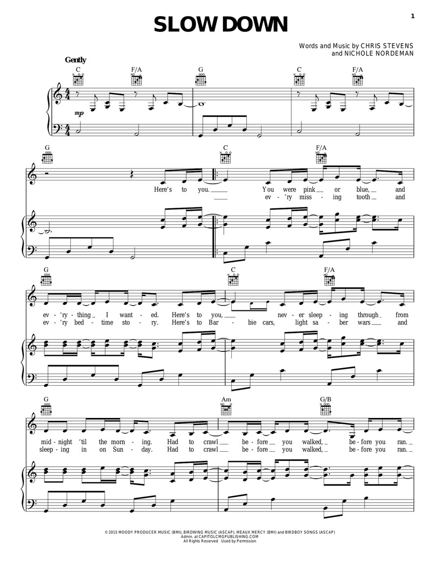 Slow Down Slow Down Piano, Vocal, Guitar scores gallery preview page 1