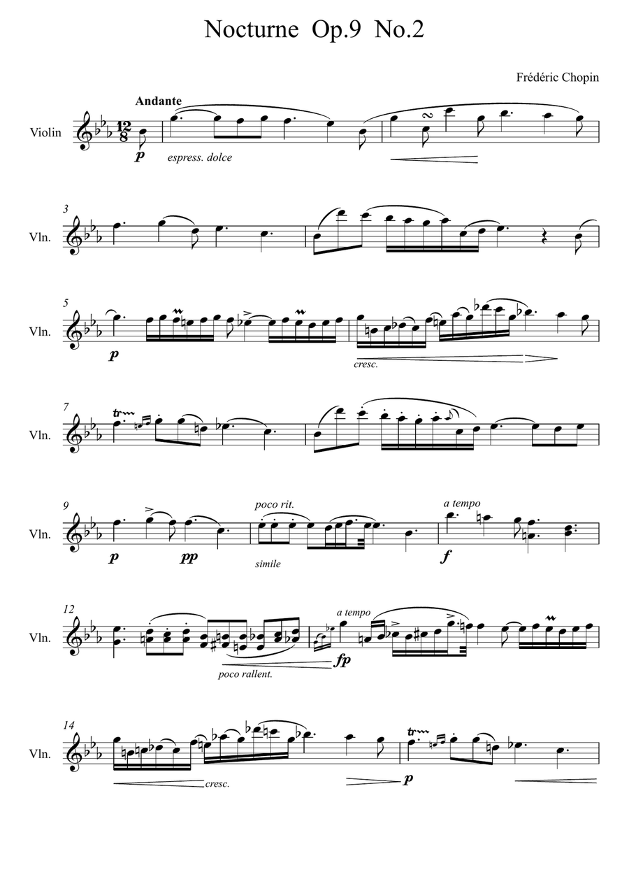 Frédéric Chopin - Nocturne Op 9 No 2 - (Violin Solo) Frédéric Chopin - Nocturne Op 9 No 2 - (Violin Solo) Violin Solo scores gallery preview page 1