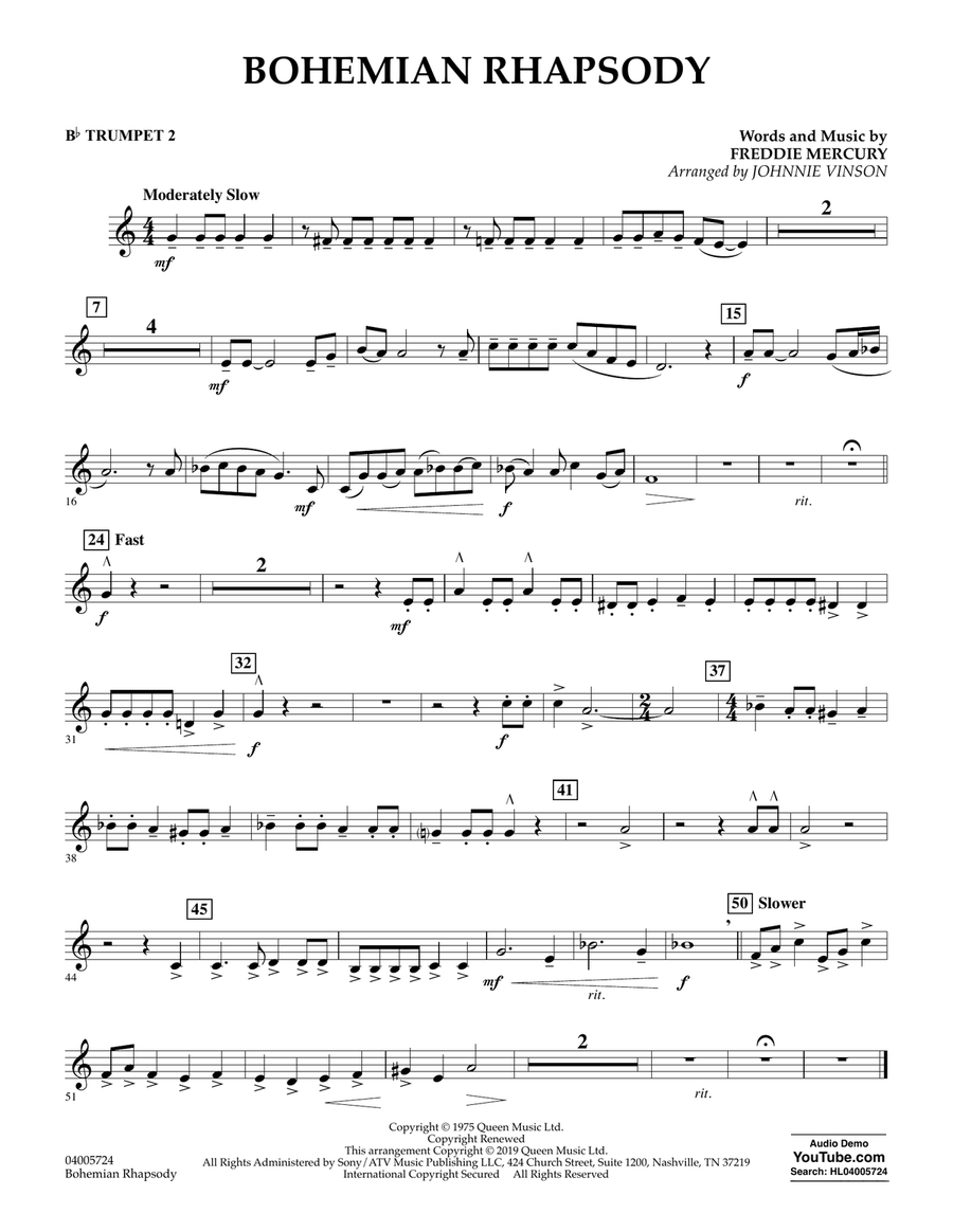 Bohemian Rhapsody (arr. Johnnie Vinson) - Bb Trumpet 2 Concert Band scores gallery preview page 1