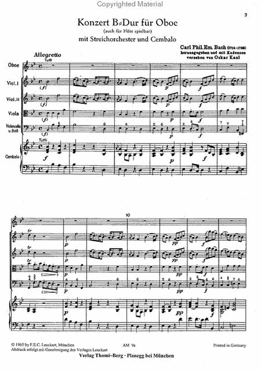 Konzert B-Dur fur Oboe (Flote), Streichorchester und Cembalo