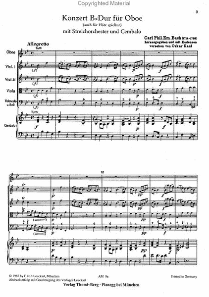 Konzert B-Dur fur Oboe (Flote), Streichorchester und Cembalo