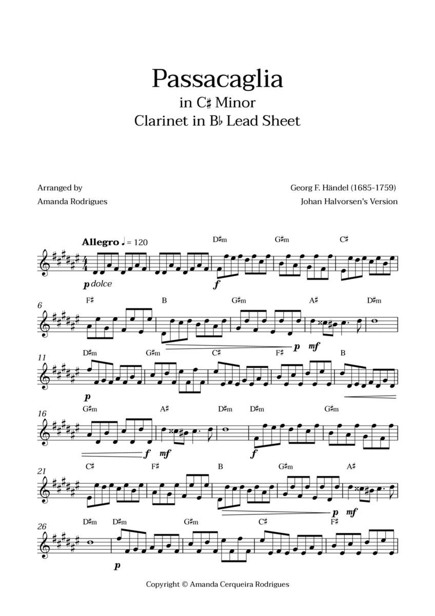 Passacaglia - Easy Clarinet in Bb Lead Sheet in C#m Minor (Johan Halvorsen's Version) image number null